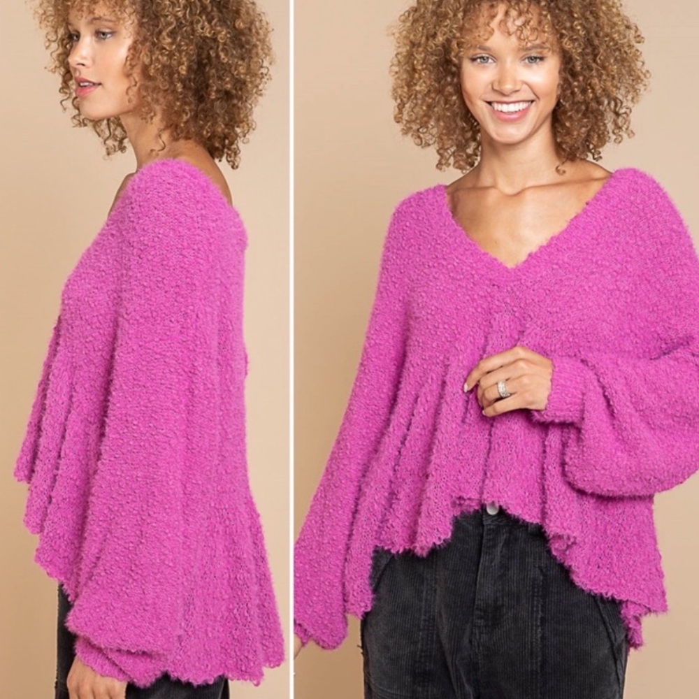 Hot Pink Magenta Balloon Sleeves Popcorn Sweater - Picture 1 of 11